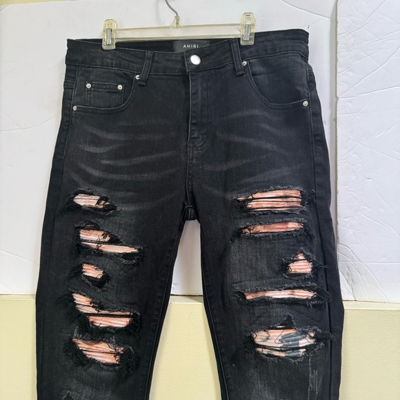 Amiri Thrasher Jean Aged Black Jeans Distressed Leather Trim Zip Pant Logo 29 30 - Picture 13 of 16